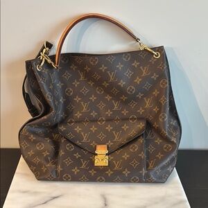 Authentic Louis Vuitton Brown Monogram Shoulder Bag with Gold-Tone Accents